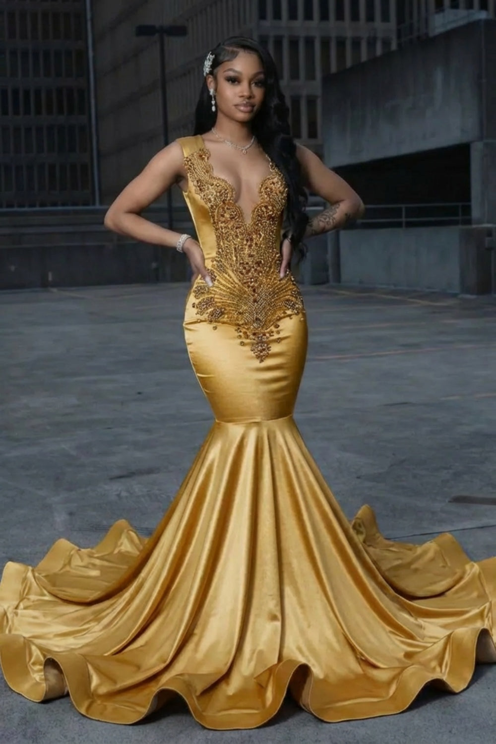 Gorgeous Mermaid V-neck Satin Long Prom Dress with Beads