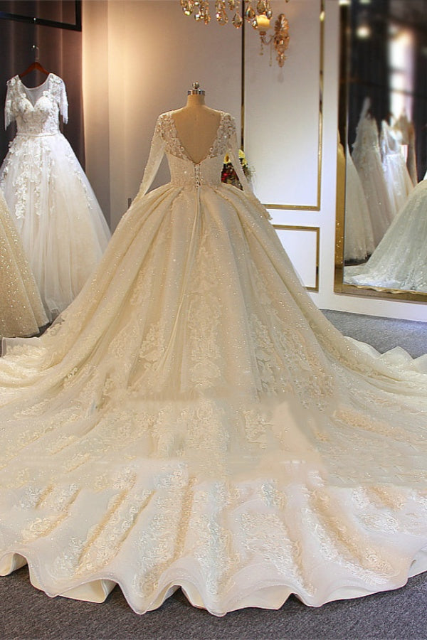 Shinny Long Sleeves Ball Gown Sweetheart Wedding Dresses with Beading