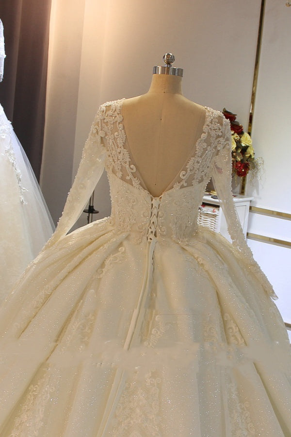 Shinny Long Sleeves Ball Gown Sweetheart Wedding Dresses with Beading