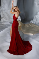 Simple Burgundy Mermaid Strapless Satin Long Prom Dresses with High Split