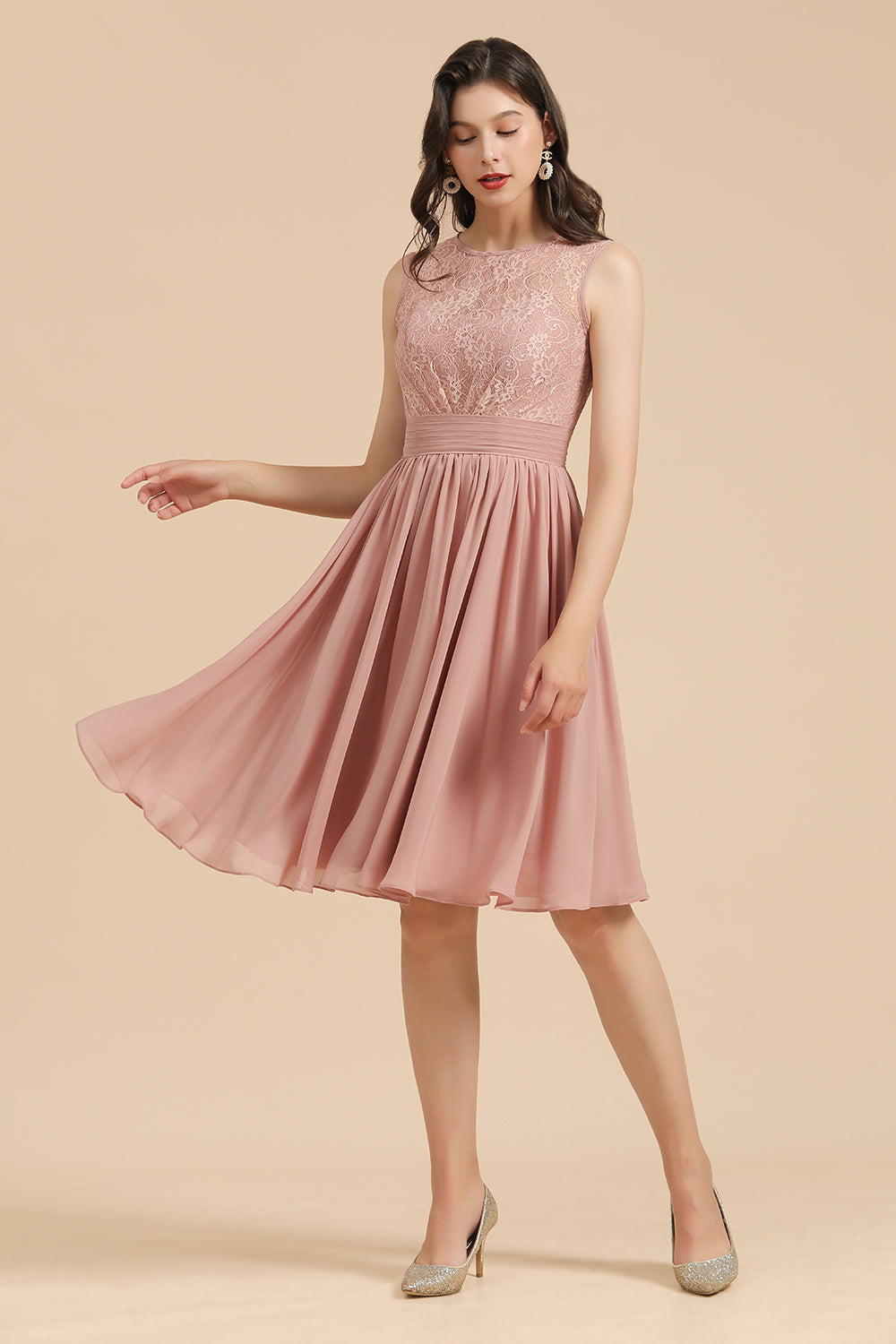 Simple Lace Straps Knee Length Short Bridesmaid Dress