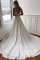 Simple Spaghetti Strap V-Neck Sweep Train Ruffles Long Wedding Dresses