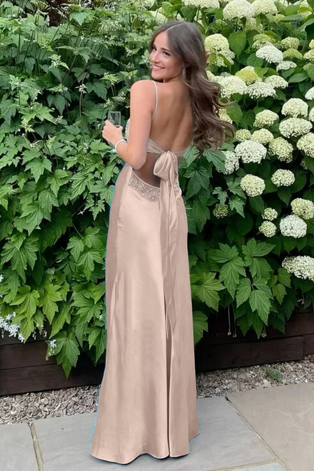 Simple Spaghetti Straps V-neck Sheath Satin Prom Dress