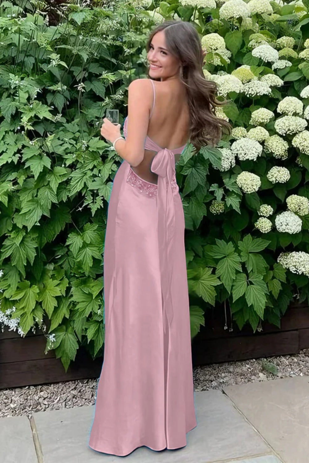 Simple Spaghetti Straps V-neck Sheath Satin Prom Dress