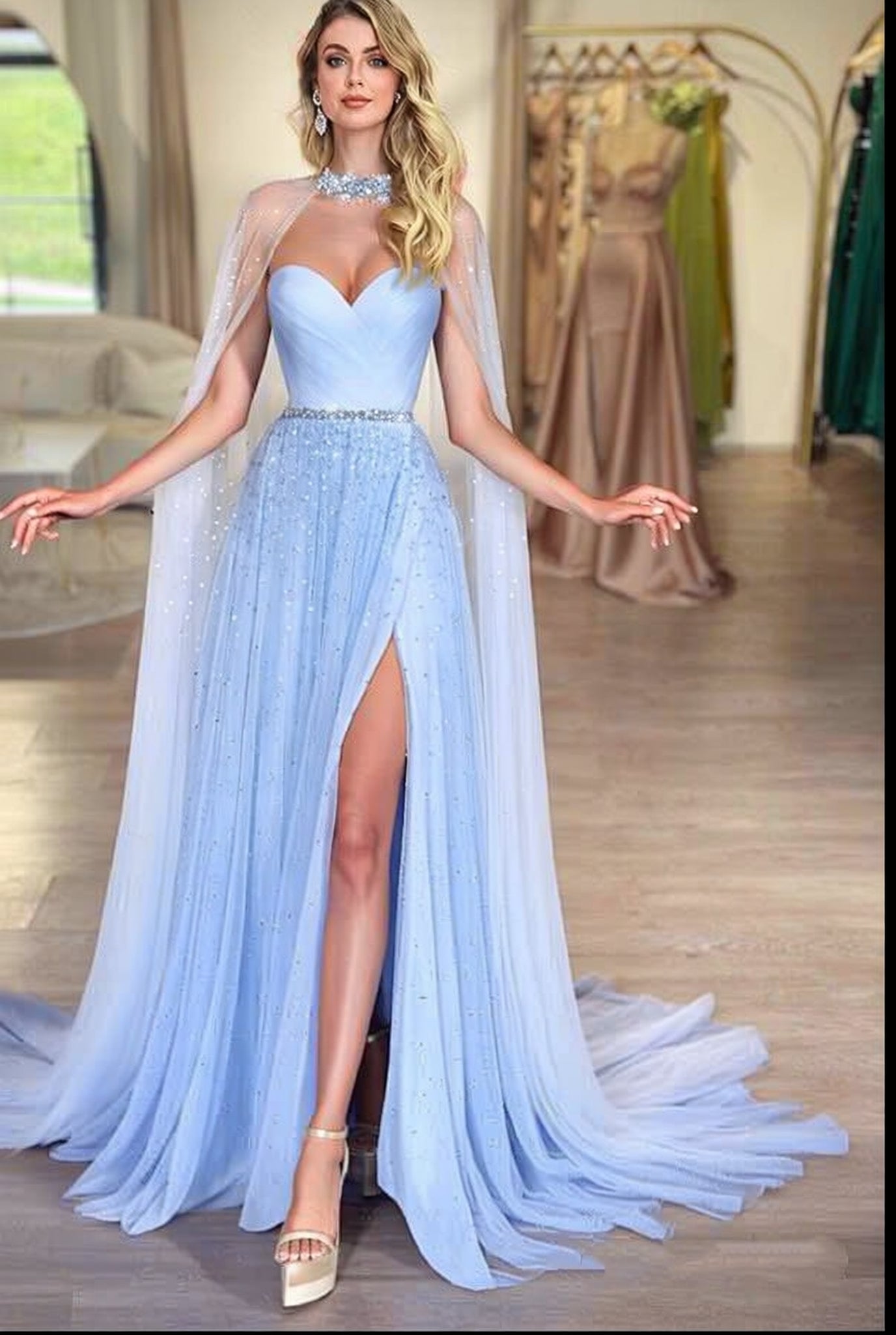 Sky Blue Long A-Line Tulle Sweetheart Prom Dress with Split