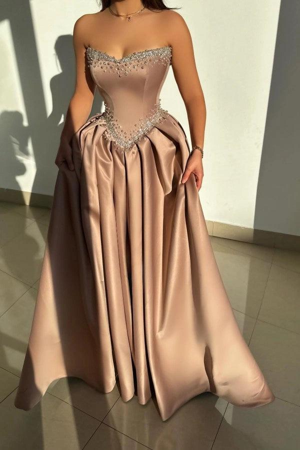 Sleeveless Strapless A-line Long Prom Dress with Rhinestones