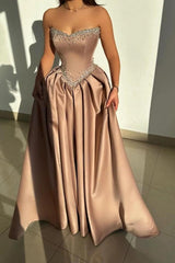Sleeveless Strapless A-line Long Prom Dress with Rhinestones