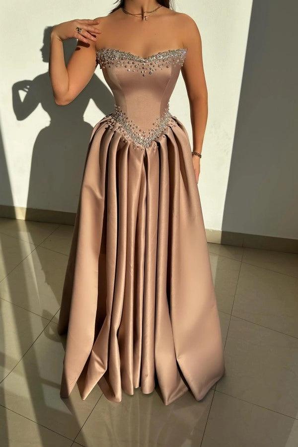 Sleeveless Strapless A-line Long Prom Dress with Rhinestones