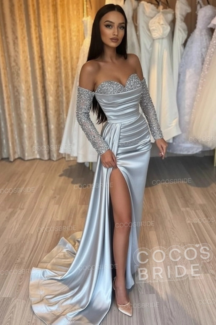 Long Mermaid Off the Shoulder Satin Front Slit Prom Dresses with Sleeves