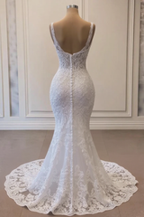 Spaghetti Straps Sweetheart Mermaid Lace Long White Wedding Dress
