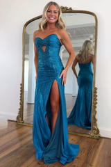 Sparkly Long Strapless Mermaid Prom Dress with Slit