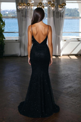 Sparkly Long Mermaid V-neck Backless Sequined Black Formal Prom Dress with Slit