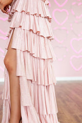 Pink Long Off-the-Shoulder A-line Prom Dress with Beading