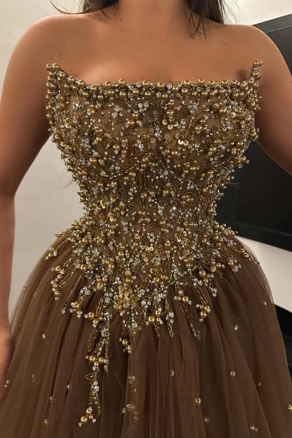 Elegant Strapless A-line Tulle Prom Dress with Beads