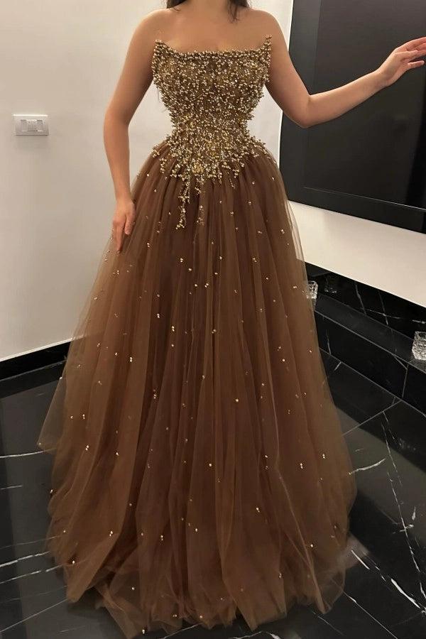 Elegant Strapless A-line Tulle Prom Dress with Beads