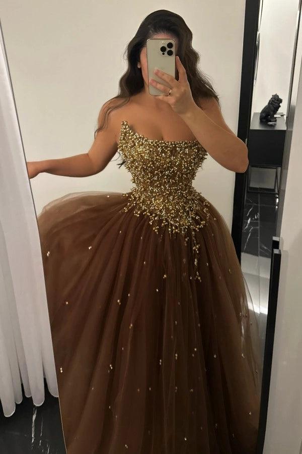 Elegant Strapless A-line Tulle Prom Dress with Beads