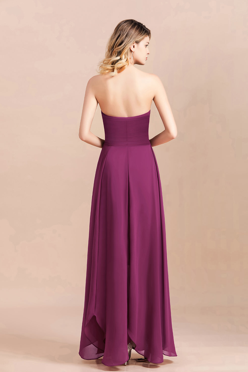 Strapless Backless Chiffon Evening Party Dress A-Line Ruched Bridesmaid Dress