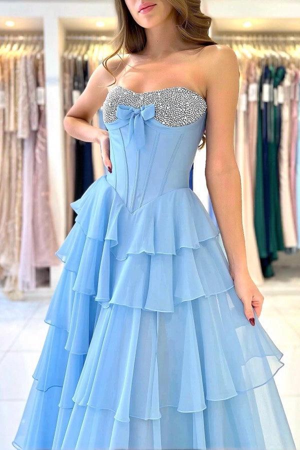 Blue Strapless High-Slit Long A-line Prom Dress with Bow