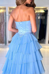 Blue Strapless High-Slit Long A-line Prom Dress with Bow