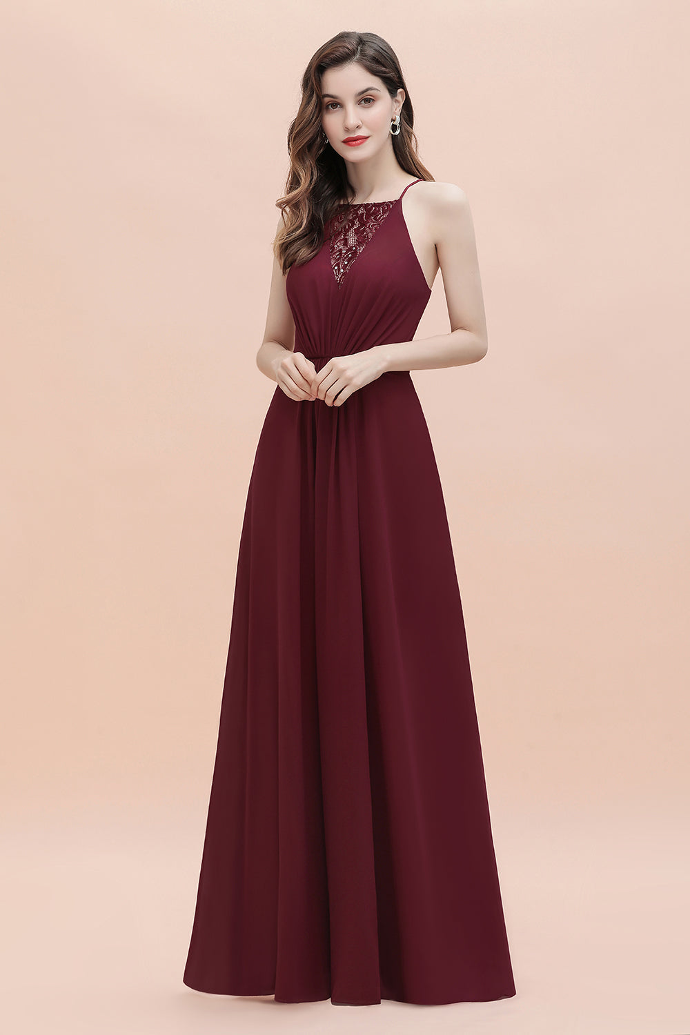 Straps Bateau A-line Sequins Chiffon Long Bridesmaid Dresses