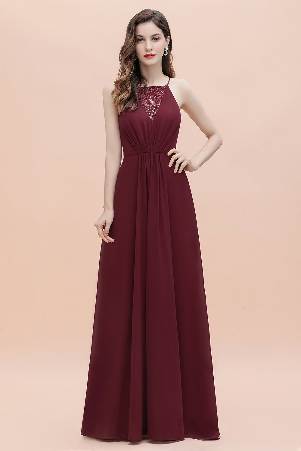 Straps Bateau A-line Sequins Chiffon Long Bridesmaid Dresses