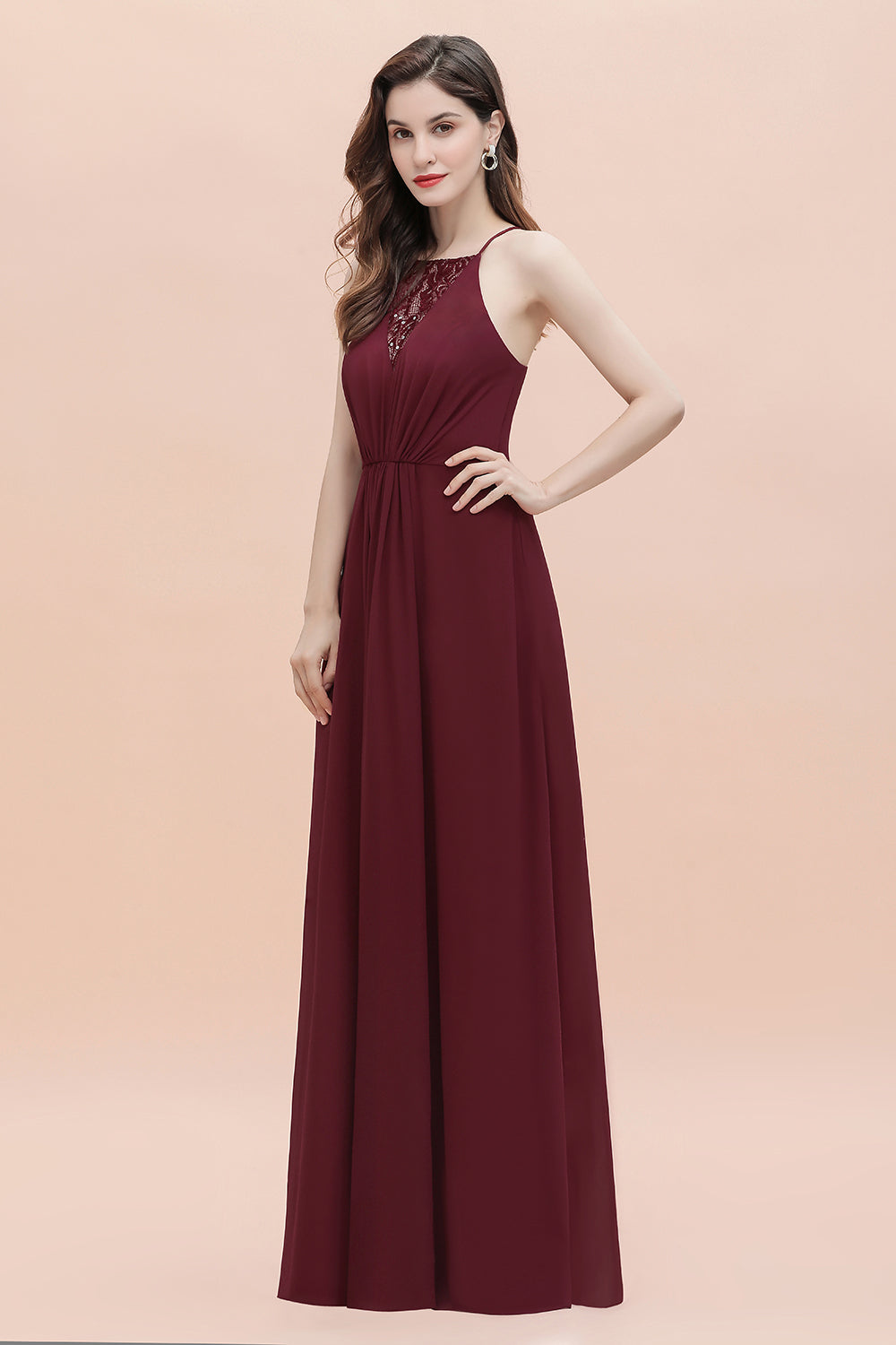 Straps Bateau A-line Sequins Chiffon Long Bridesmaid Dresses