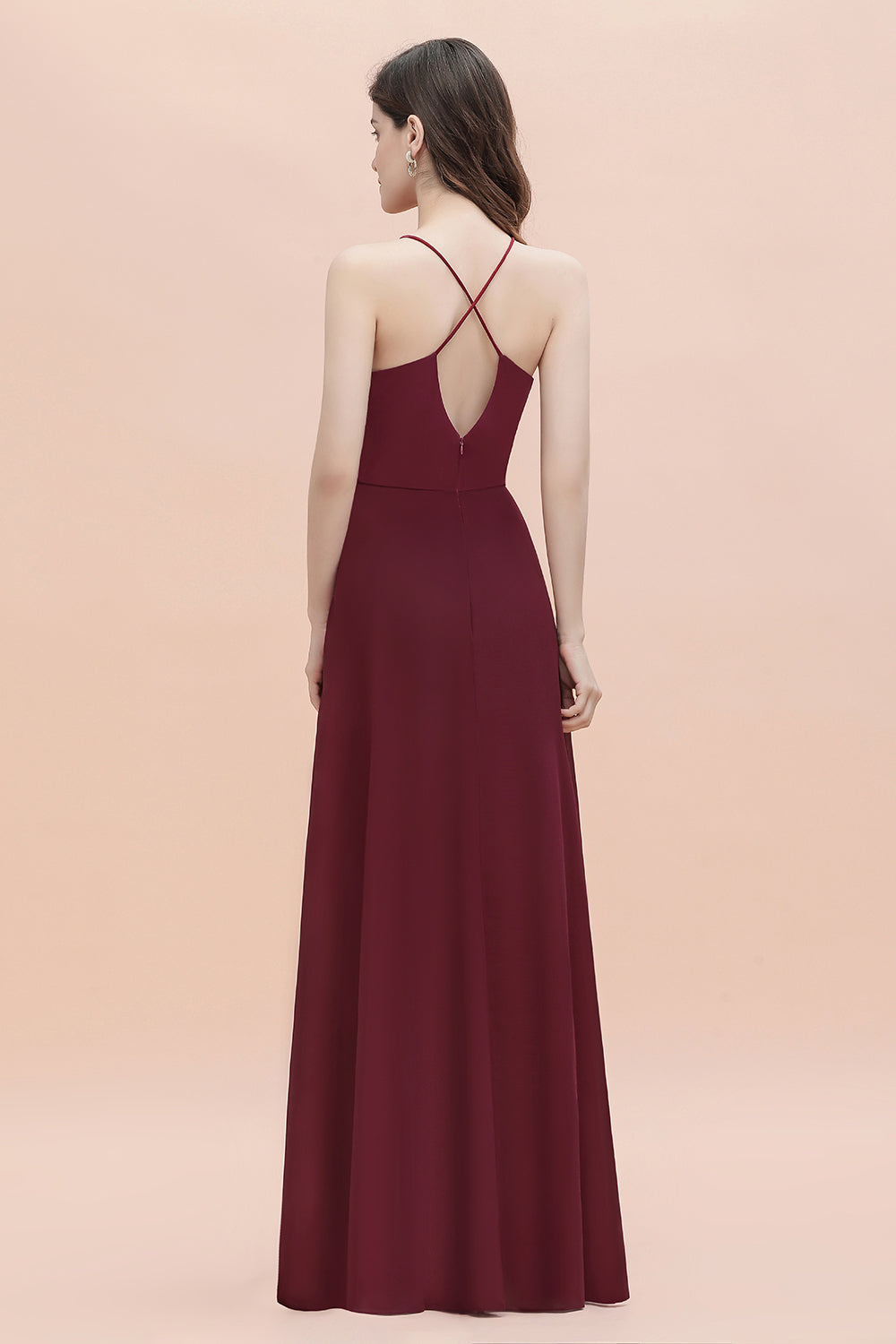 Straps Bateau A-line Sequins Chiffon Long Bridesmaid Dresses