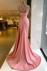 Stunning Long Mermaid One Shoulder Sleeveless Satin Beads Formal Prom Dresses