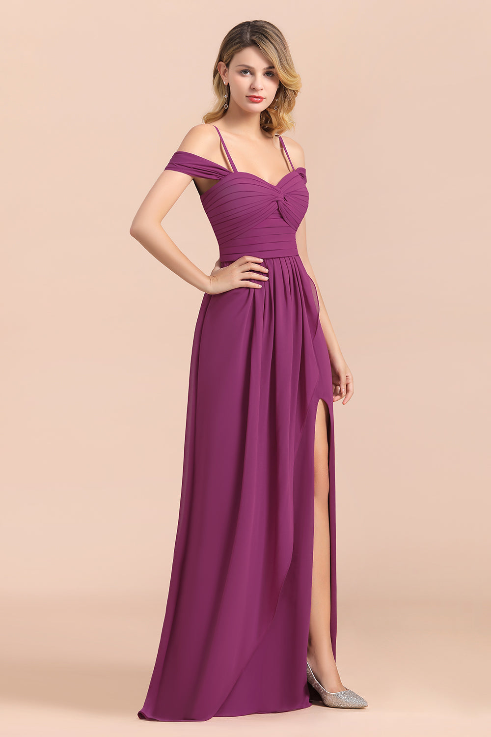 Stunning Off the Shoulder A-Line Chiffon Spaghetti Straps Bridesmaid Dress With Side Slit