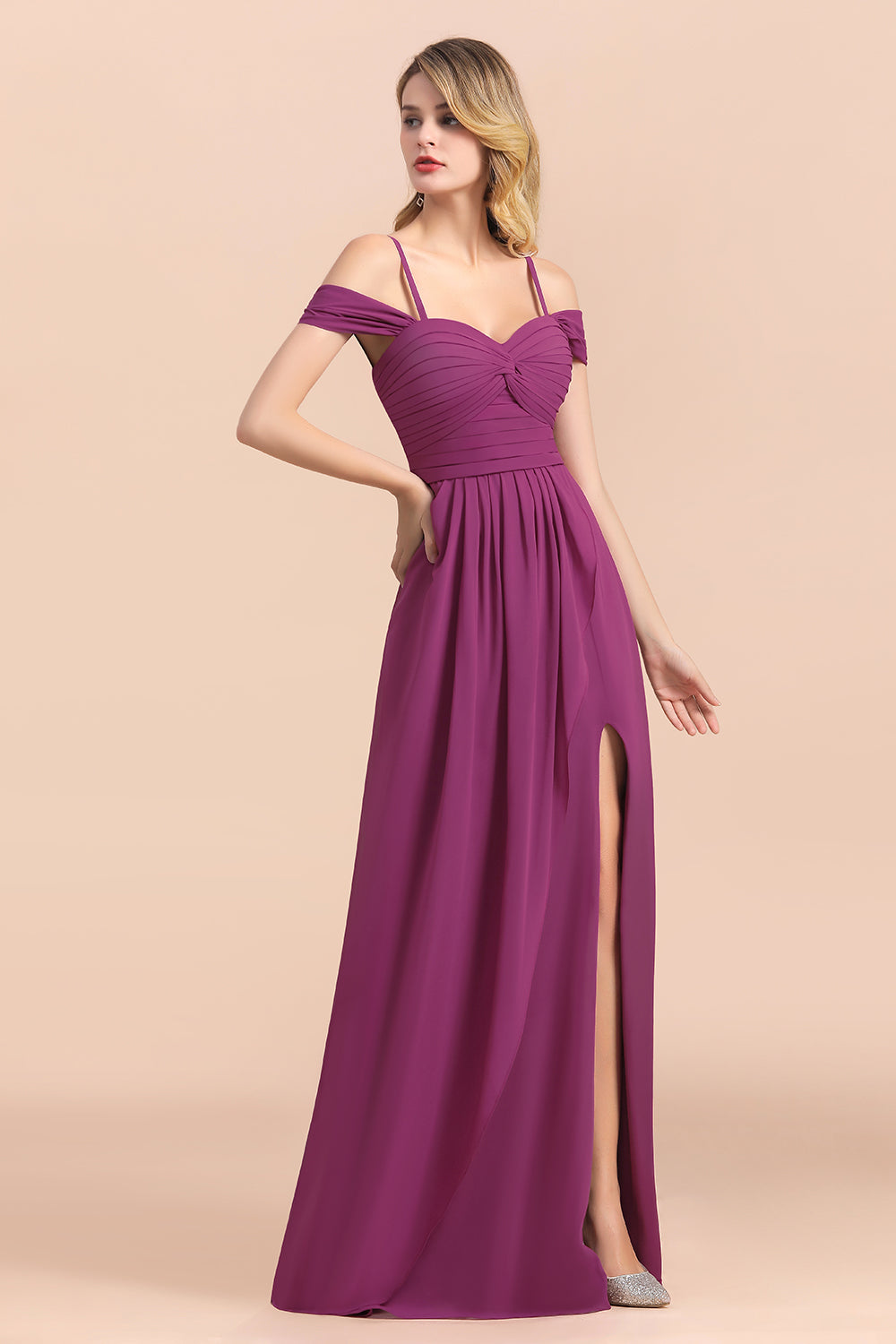 Stunning Off the Shoulder A-Line Chiffon Spaghetti Straps Bridesmaid Dress With Side Slit