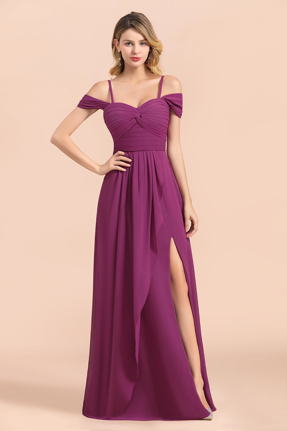 Stunning Off the Shoulder A-Line Chiffon Spaghetti Straps Bridesmaid Dress With Side Slit