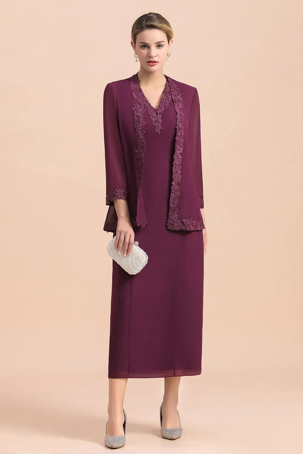 V-neck Elegant Sleeveless Lace Appliques Mother of Bride Dress With Wraps