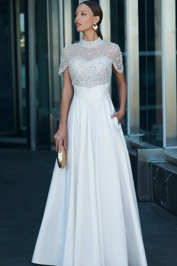 Elegant Illusion Neck Long A-line Formal Evening Dress with Pockets