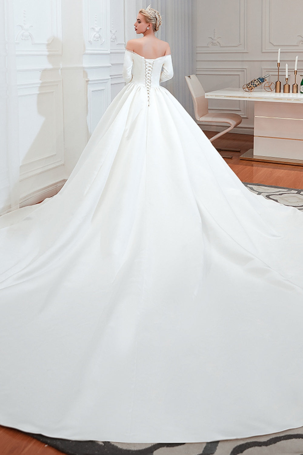 White Long Ball Gown Off Shoulder Lace-up Satin Wedding Dress with Sleeves