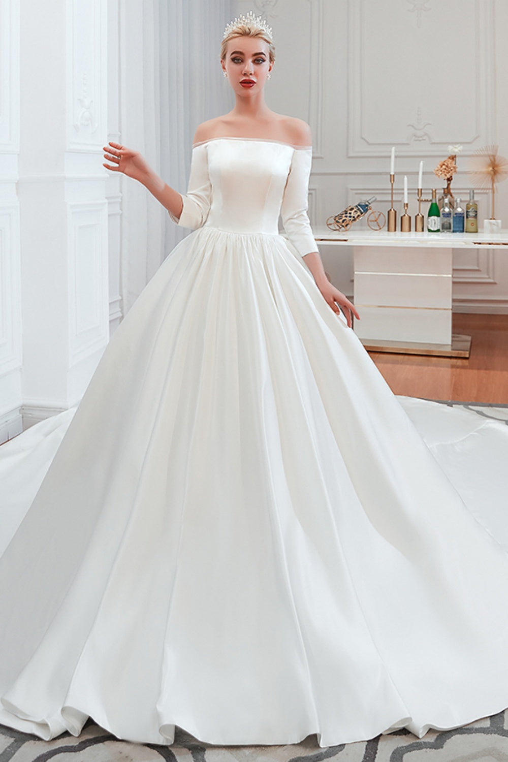 White Long Ball Gown Off Shoulder Lace-up Satin Wedding Dress with Sleeves