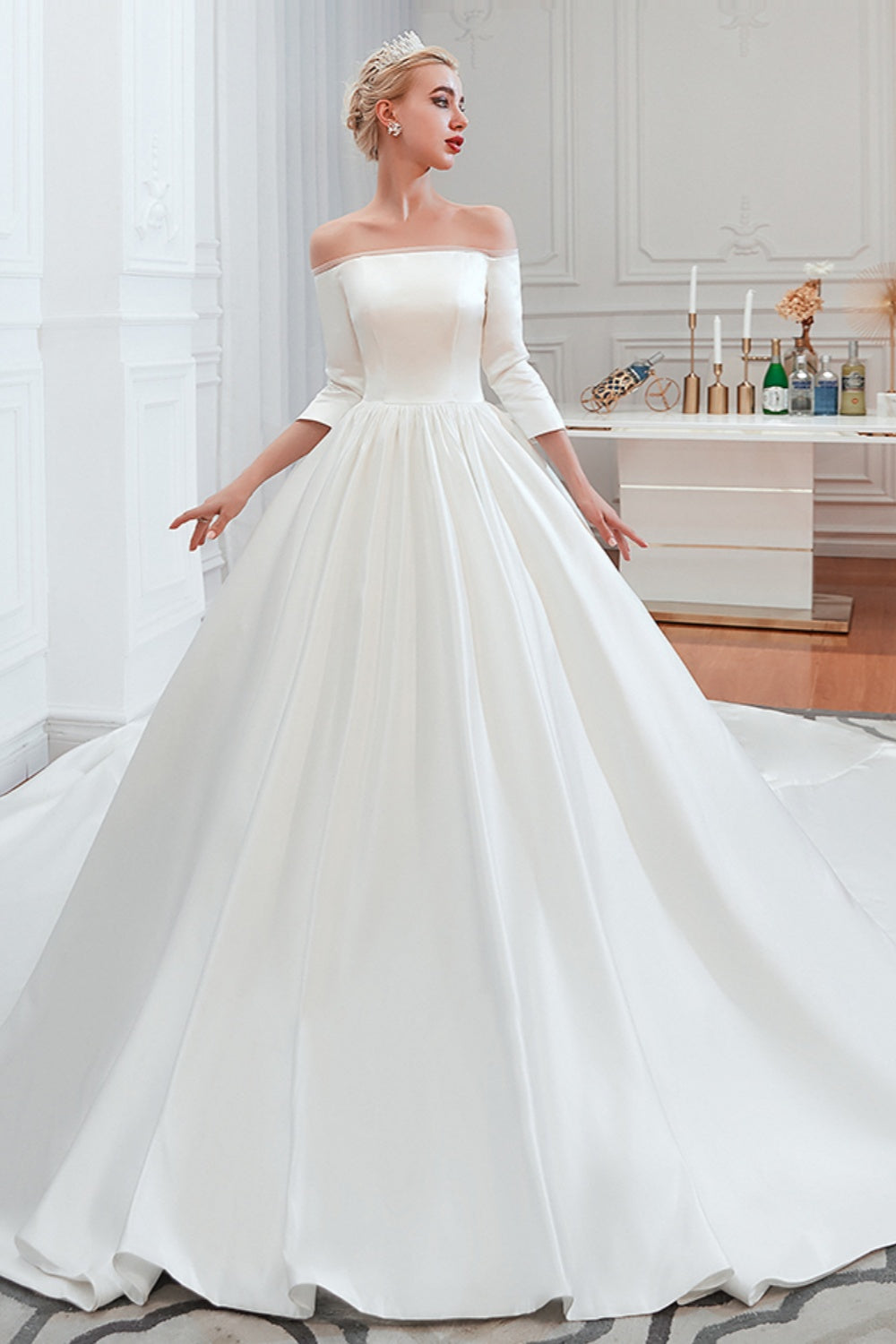 White Long Ball Gown Off Shoulder Lace-up Satin Wedding Dress with Sleeves