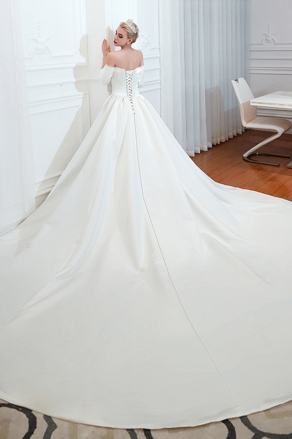 White Long Ball Gown Off Shoulder Lace-up Satin Wedding Dress with Sleeves