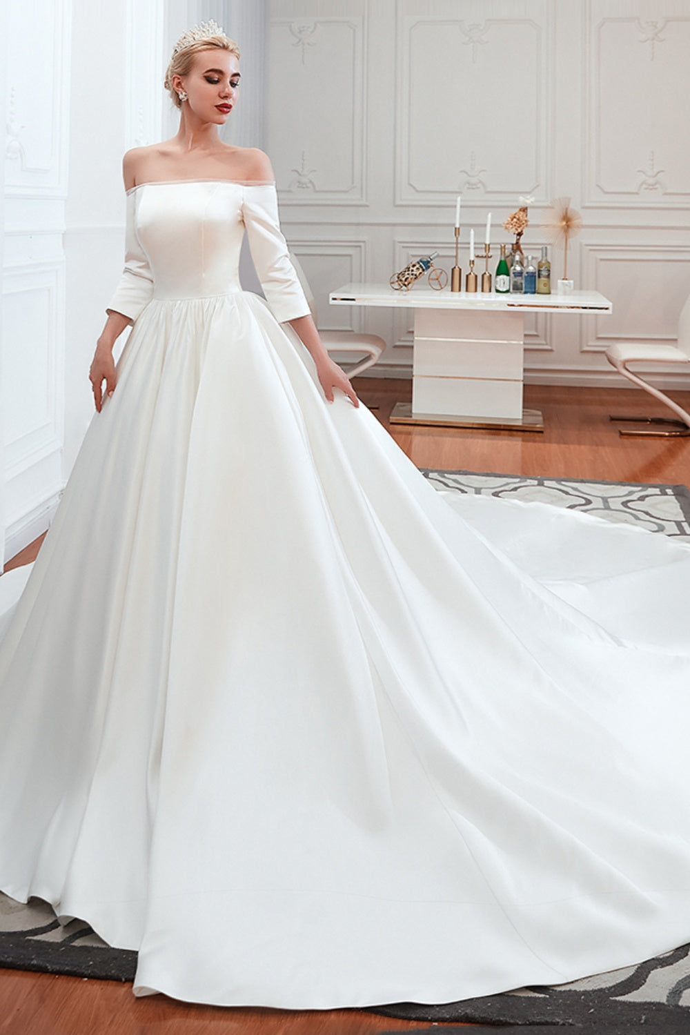 White Long Ball Gown Off Shoulder Lace-up Satin Wedding Dress with Sleeves
