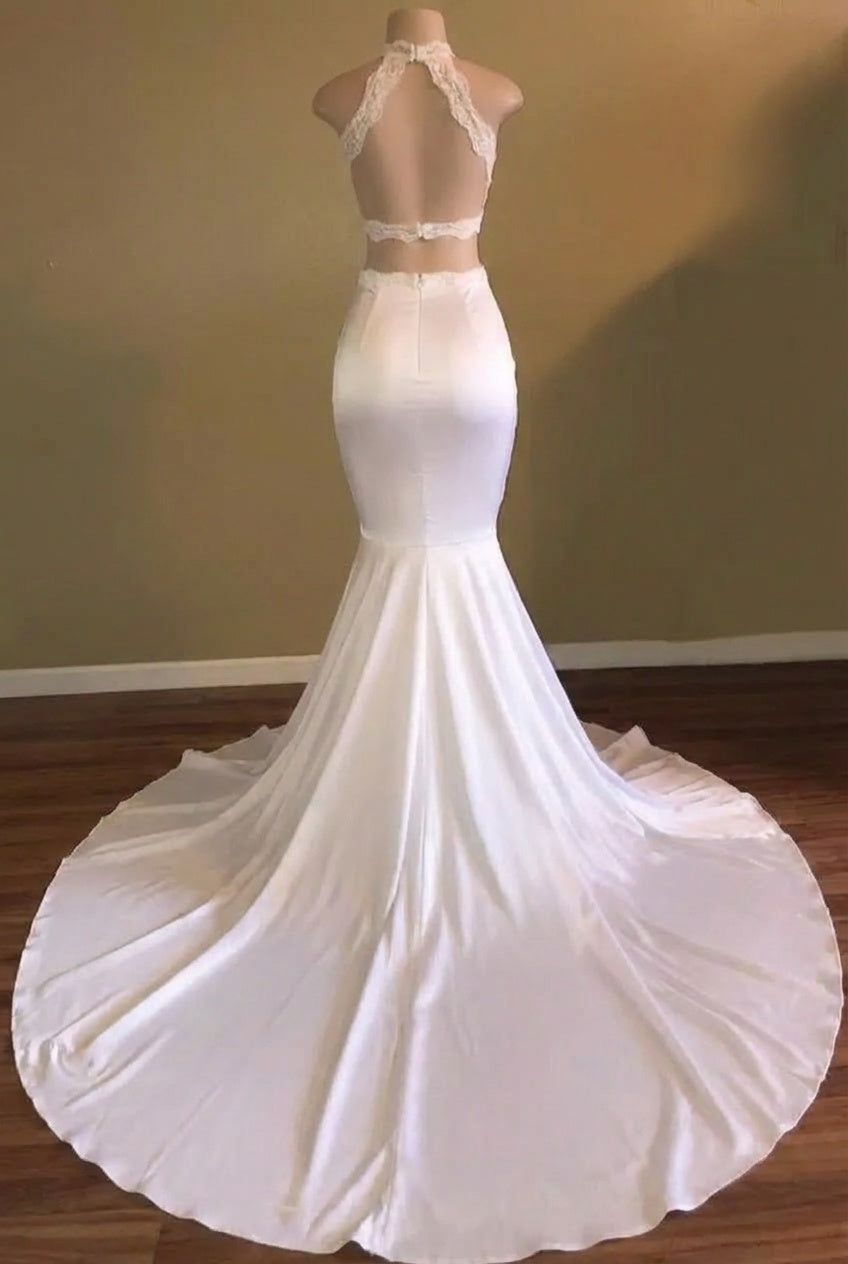 White Long Mermaid High Neck Satin Lace Open Back Prom Dress