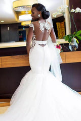 White Long Mermaid Sweetheart Tulle Lace Backless Wedding Dresses