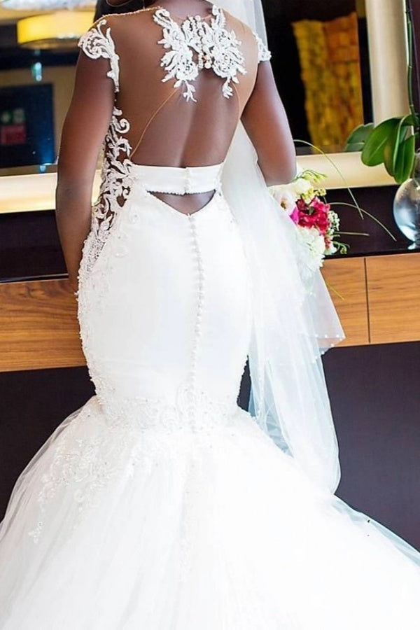 White Long Mermaid Sweetheart Tulle Lace Backless Wedding Dresses