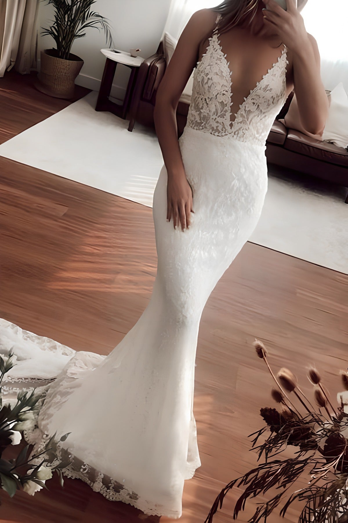 White Long Mermaid V-neck Brush Train Lace Tulle Sleeveless Wedding Dresses