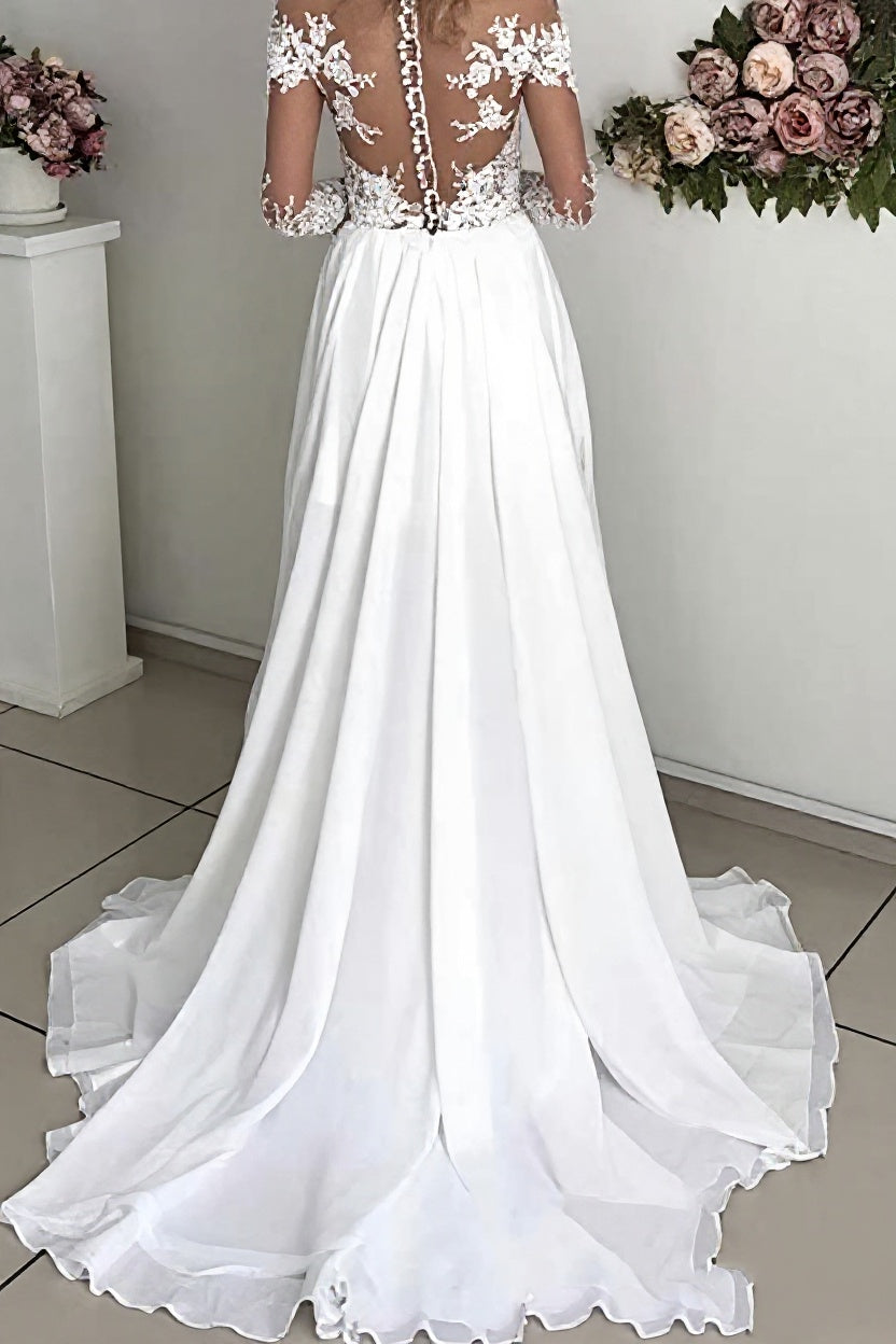 White Long Sleeves A-line Sweetheart Chiffon Lace Wedding Dresses with Slit