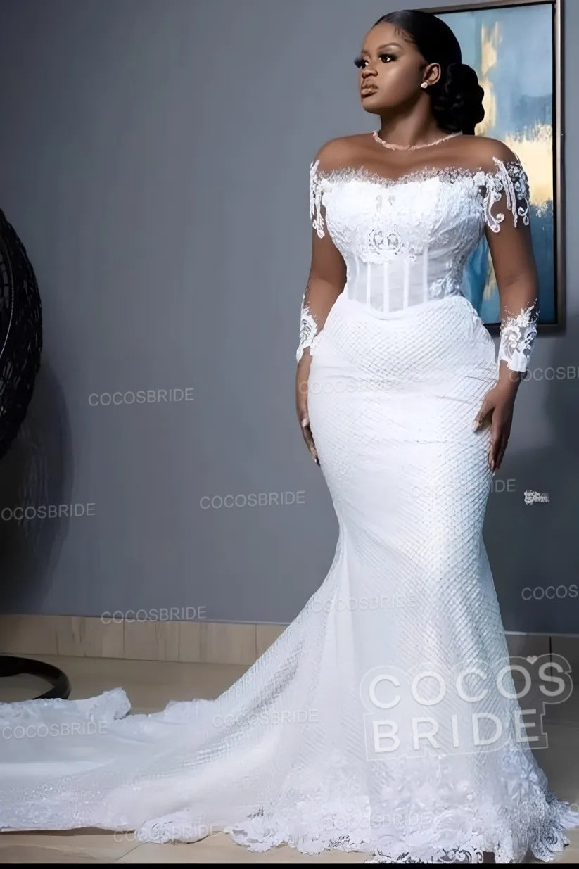 Long Sleeves Mermaid Sweetheart Tulle Lace Plus Size Wedding Dress with Sweep Train