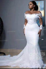 Long Sleeves Mermaid Sweetheart Tulle Lace Plus Size Wedding Dress with Sweep Train