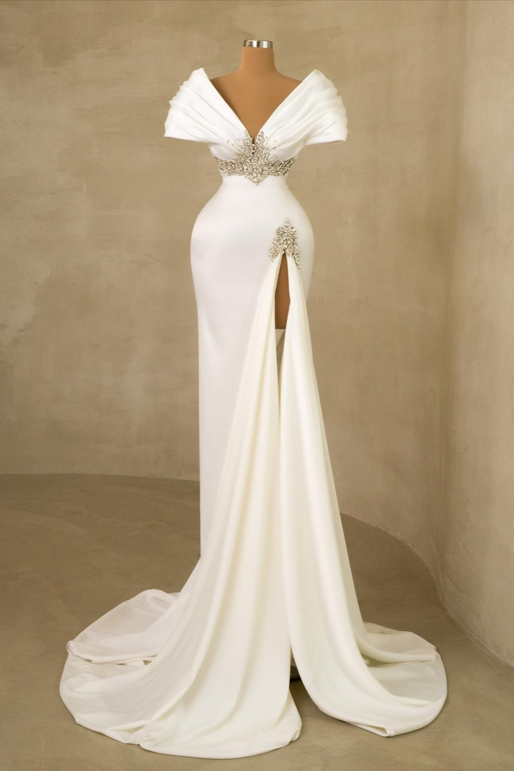 White Off The Shoulder V Neck Mermaid Satin Long Prom Dress with Silt