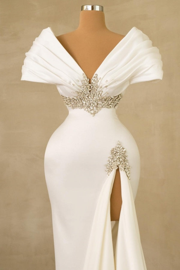 White Off The Shoulder V Neck Mermaid Satin Long Prom Dress with Silt