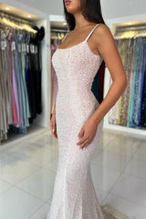 White Spaghetti Straps Sequined Mermaid Evening Dress