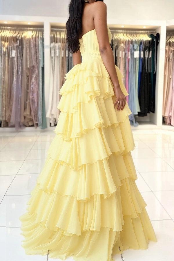 Yellow Strapless High Slit A-line Prom Dress with Ruffles