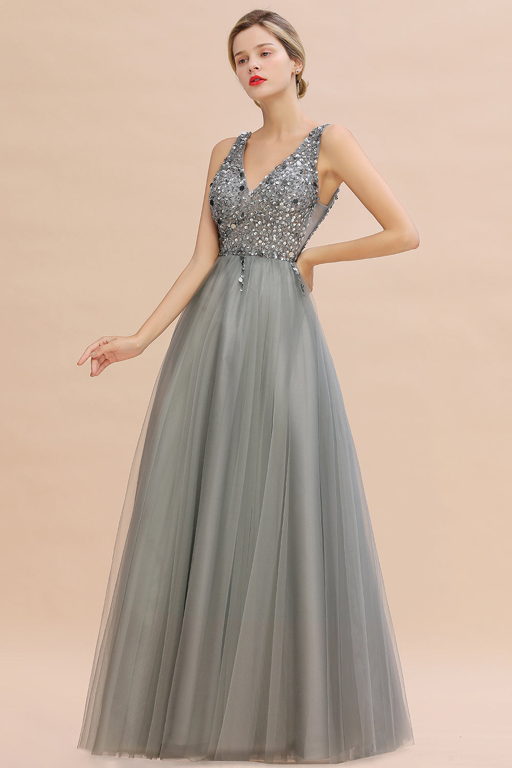 Long V-neck Tulle A-line Chiffon Beaded Formal Evneing Dress